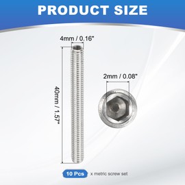 PATIKIL Set of 10 Grub Screws M4 x 40 mm Hexagonal Grub Screw 304 Stainless Steel Hexagon Socket Grub Screws for Holder Door Handles Tap Light Repair