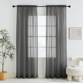PONY DANCE Dark Grey Voile Curtains 60x84 Inches - Net Curtains for Windows Slot Top Bedroom/Living Room Privacy Protect Semi Transparent Screen Woven Voile Sheer Panels, 2 Panels