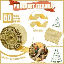 Jetec Christmas Glitte Wired Ribbon 2.5 x 50 Yards for Tree, Bows Making, Wreath Supplies, Gift Wrapping Garland, Home Decor, DIY Crafts(Gold)