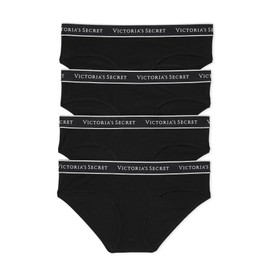 Victoria's Secret Cotton Hiphugger Panty Pack, Logo Banded Waistband, Underwear for Women, 4 Pack, Black (M)