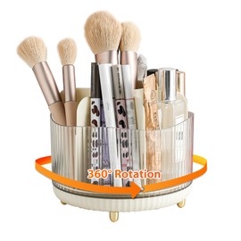 Veki 360° Rotating Make Up Organiser, Make Up Brush Organiser, Cosmetic Organiser for Dressing Table, Multifunctional Storage for Decor Bedroom, Bathroom, Dressing Table (Beige)