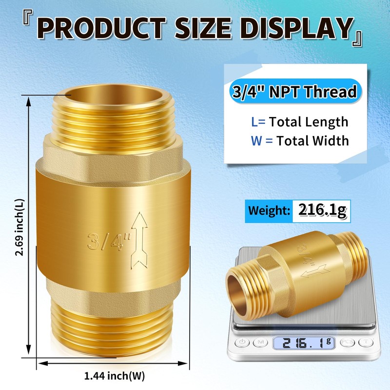 Boltigen 2Pcs 3/4in NPT Spring Check Valve, Brass Non Return
