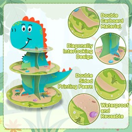 Dinosaur Cupcake Stand, 3-Tier Cardboard Cupcake Stand Holder Dessert Tower Display for Boys Kids Birthday Theme Party Supplies Decoration
