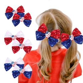 Nishine 4th of July Girls Bow Hairpins Patriotic American Flag Stars and Stripes Barrette Hair Clips for Independence Day Memorial Day (Sequin&Heart)
