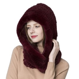 Winter Warm Real Rex Rabbit Fur Hat Women 2-in-1 Function Hoods with Scarf Hats Hooded Muffler Fur Headband Cap (Red Wine)