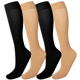 MANZI Women's Knee High Socks Ladies Nylon Long Socks 4 Pairs Semi Opaque Trouser Socks 40 Denier Knee Stockings(Black+Natural Nude)