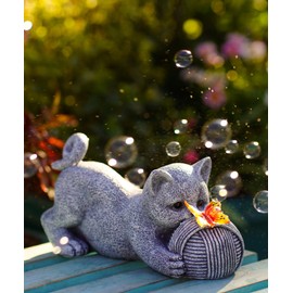 Funny Cat Sculpture with Yarn and Butterfly - Solar Garden Decoration for Balcony & Living Room | Waterproof Birthday Gift for Women, Mothers & Cat Lovers | Grey 21 cm