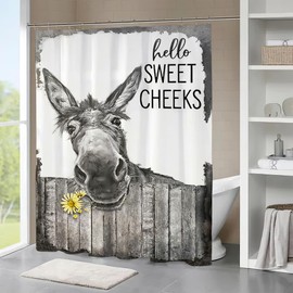 citari Funny Donkey Shower Curtain Rustic Floral Farmhouse Bathroom Shower Curtains Black and White Cute Animal Modern Polyester Fabric Waterproof 12 Pack Plastic Hooks 72 x 72 Inch