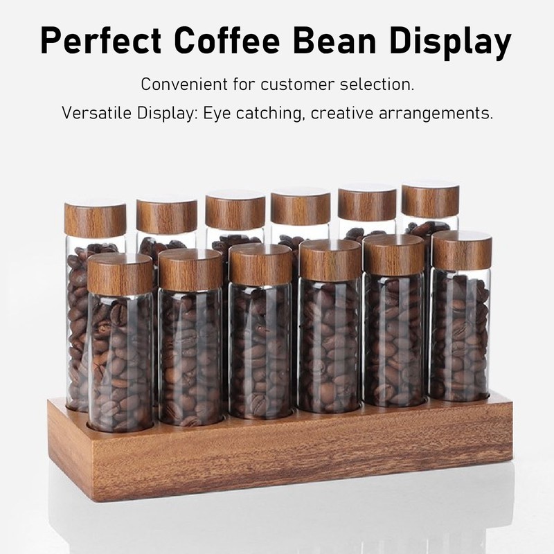 Coffee Bean Storage Tubes with Walnut Wood Stand Lid Glass