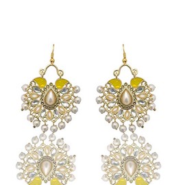 Moonstruck Traditional Indian Chandbali Kundan Hoop Earrings With Pearls for Women (Yellow)