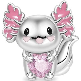 ZURWTCH Axolotl Embraces Heart Gemstone Charm Fit Women Bracelet Necklaces Fashion Gifts 925 Sterling Silver DIY Jewelry (Pink Y001)
