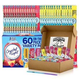 Crystal Light Variety Pack 60 Flavored Drink Mix Packets in Lemonade, Fruit Punch, Raspberry, and Strawberry Flavors Bundles with One Reusable Mood Straw for Sugar-Free Hydration Anytime, Anywhere!