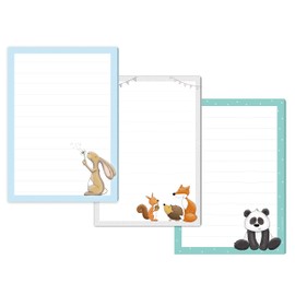 3 x Writing Pad "Hare Hammer" & "Forest Animals" & "Paul Panda" DIN A5 Lined 50 Sheets/Writing Paper for Children, Writing Paper Children, Letter Pad