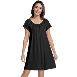 NACHILA Nightgowns for Women-Viscose Made from Bamboo, Short Sleeve Sleepshirt Pleated Nightshirts Crew Neck Sleepwear Black Medium