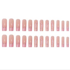 Foccna Pink Press on Nails Long Swirls French Fake Nails Square Bling Glossy False Nail Tips Artificial Nails Finger Manicure for Women and Girls-24pcs