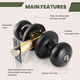 Entry Door Knob with Lock and Keys, Standard Ball Door Handles, Indoor Privacy Door Lock for Bedroom/Bathroom, Matte Black