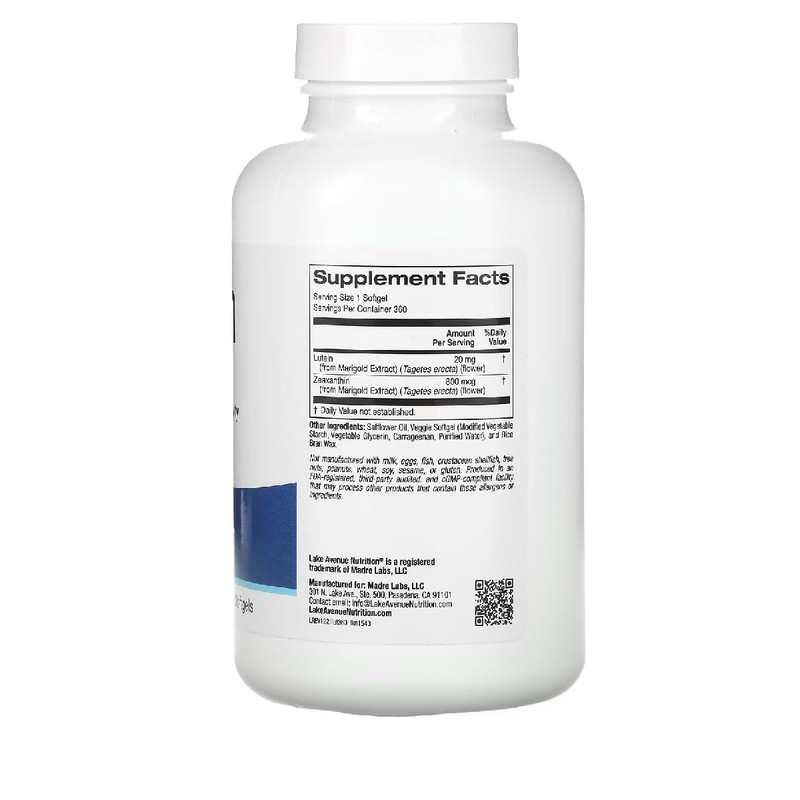 Lake Avenue Nutrition, luteína, 20 mg, 360 cápsulas blandas vegetales