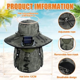 Berlune Solar Sun Hat Oversized Fishing Hat with Fan Bucket Hat Removable UV Protection UPF 50+ Sun Protection Wide Brim(Military Green Ink)