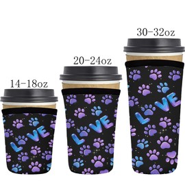 Paw Print Coffee Cup Sleeve - 3Pcs Purple Dog Paw Print Sleeveoffee Reusable Neoprene Insulator Sleeves Suitable Iced Coffee Cups Sleeve 16-32 Oz For Hot And Cold Drinks Cups Sleeves