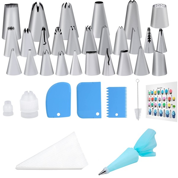 44pc Cake Decorations Supplies Set Icing Piping Tips Cadrim Cake Decorating Kit Baking Tools Set 26 Piping Nozzles 1 Reusable Pastry Bag 2 Couplers 3 Plastic Scrapers 10 Disposable Piping Bags 1 Brush