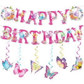 Butterfly Party Decorations, Butterfly Hanging Swirls Garland Happy Birthday Banner Butterfly DIY Pastel Party Streamers for Girls Theme Birthday Party Supplies Decor