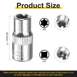 HARFINGTON 5pcs E-Torx Socket 1/4" Drive E8 Star Female Socket 1" Length External Torx Deep Sleeve CR-V Chrome Plating 6 Point Spline Sleeve for Auto Repairs Home Maintenance
