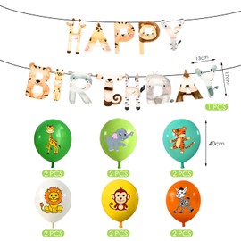 HDGSAFD 1 Set of Birthday Flags and 12 Animal Balloons with Ribbons, Party Supplies for Jungle Themed Party, Party Decorations