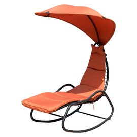 Giantex Chaise Lounge Swing Chair, Outdoor Hammock with Stand and Canopy, Porch Swing w/ Soft Cushion Removable Headrest, Outdoor Recliner Rocking Chair for Garden Backyard Poolside (Orange)