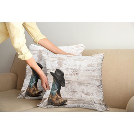 Ambesonne Western Decorative Throw Pillow Case Pack of 2, Traditional Rodeo Cowboy Hat and Cowgirl Boots Retro Grunge Background Art Photo, Couch Bedroom Living Room Cushion Cover, 20", Brown Black