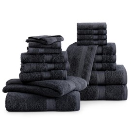 LANE LINEN Cotton Bath Towels for Bathroom - 18 PC Bathroom Towels Set - 4 Extra Large Bath Towels, 6 Black Hand Towels for Bathroom, 8 Washcloths, Soft Turkish Towel Sets for Bathroom - Black Towels