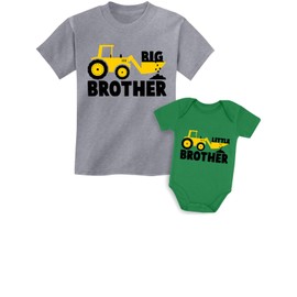 Tstars Big Brother & Little Bro Matching Tractor Outfits - Toddler T-Shirt & Baby Bodysuit - Sibling Gift for Boys Baby Green/Kids Gray Baby 6M / Kids 3T