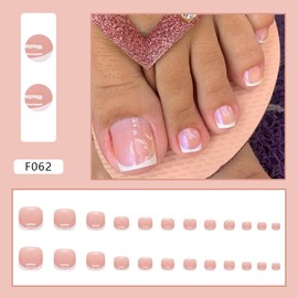 24Pcs French Tip Press on Toenails, Short Square Fake Toe Nails White False Toenails Nude Pink Acrylic Toenails French Artificial Toenails Full Cover Glossy Stick on Toenails Summer Toenails for Women