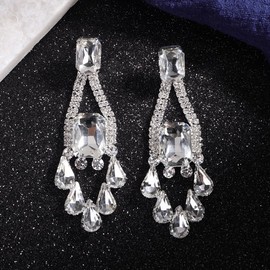 Octwine Boho Women Silver Rhinestone Long Earrings Sparkly Rhinestone Chandelier Dangle Drop Tassel Earrings Silver Statement Earrings Teardrop Dangle Earrings