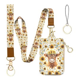 Bolimoss Highland Cow Print Lanyard Cute Sunflower ID Badge Holder Neck Wrist PU Leather Zipper Case with Tear Off Keychain