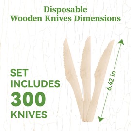 ECOLipak 300 Count Disposable Wooden Knives, Wooden Compostable Disposable Knives for Party, Camping, Traveling, Family Dinners