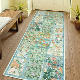 LIVEBOX Washable Runner Rug 2x6 for Hallways, Patchwork Green Runner Rug for Bedroom, Soft Runner Rug Non Slip for Kitchen Stair Hardwood Floor 6ft, Neutral Low Pile Entryway Runner Rug for Bathroom