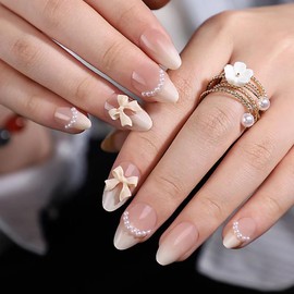 Short Almond Press on Nails White Ombre Fake Nails with Design Bow Pearl Charms Glue on Nails Cute False Nails Glossy Full Cover Stick on Nails Artificial Acrylic Nails for Women Manicure 24Pcs