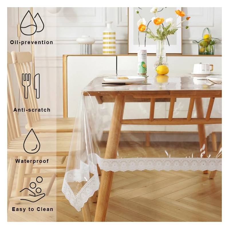 PVC Lace Table Cloth, Clear Waterproof Plastic Table Cover with