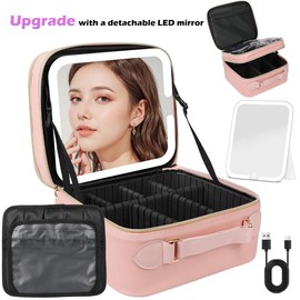 Behaesty Portable Makeup Bag with 3-Color LED Detachable Mirror 2000mAh USB Rechargeable Waterproof PU Leather Organizer Compact Travel Cosmetic Pouch:_Double layer Pink  (removed mirror)