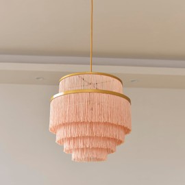 Topaluce 5-Tiered Boho Chandelier Gold,3 Lights Pink Fringe Pendant Light Fixture,Tassel Chandelier for entryway,Dining Room,Baby Nursery,Bedroom