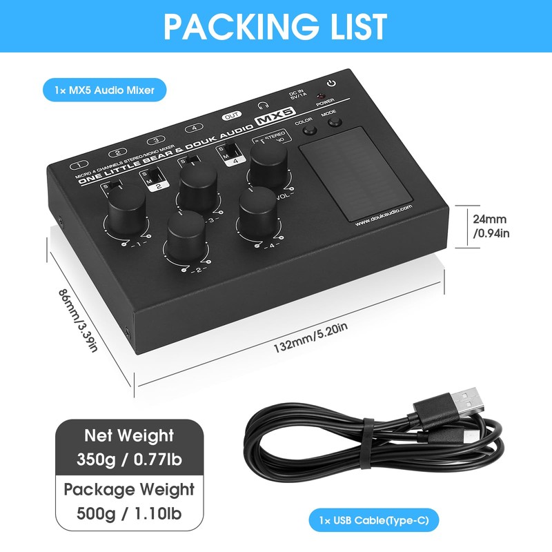 Douk Audio MX5 4 Channel Audio Mixer 4-CH Line-Mixing Mono