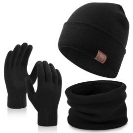 OZERO Winter Beanie Hat Scarf Gloves: Warm Knitted Beanie Hat Scarf and Gloves Set Thermal Fleece Lined Mens Winter Hat Neck Warmer with Touchscreen Gloves for Men Women-Black, One Size