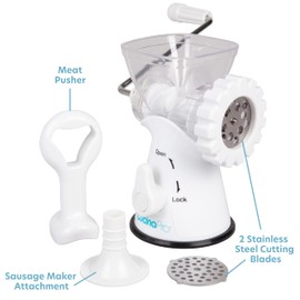 Manual Meat Grinder - Mincer w 2 Stainless Steel Plates, Sausage Attachment, Press, Heavy Duty Suction Base and Dishwasher Safe Design- Make Homemade Sausage, Ground Beef Burger Patties or Hamburgers