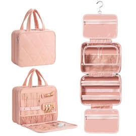 HBlife Travel Toiletry Bag with Jewelry Organizer for Women, Puffy Hanging Travel Bag for Toiletries with Trolley Belt, Waterproof Makeup Cosmetic Bag, Carry-on Travel Accessories Essentials(Pink, M)