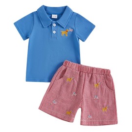 4th of July Baby Boy Outfit Toddler USA Flag Polo Shirts Gingham Plaid/Stripes Shorts Set Independence Day Clothes (Blue Red US Flag, 3-4T)