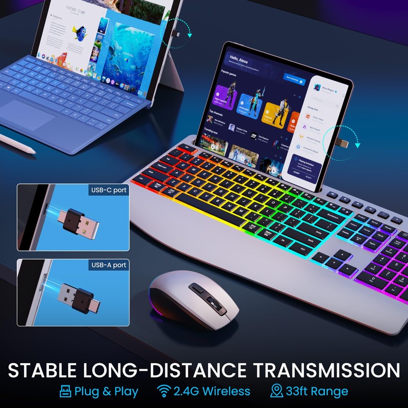 Silver Wireless Keyboard and Mouse Combo - Dual System RGB