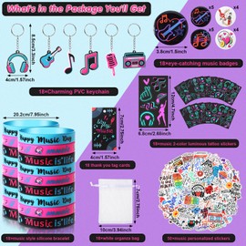 Geyoga 158 Pcs Music Party Favors Music Themed for 18 Stickers Silicone Bracelets Keychain Pin Badges Luminous Tattoo Sticker Organza Bag Musical Cards for Teens Holiday Birthday Social Dance Party
