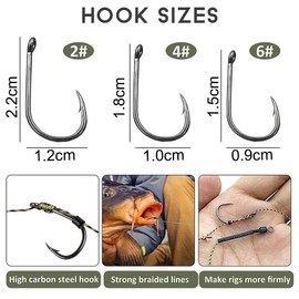 SHADDOCK 18 Pieces Carp Fishing Hair Rigs Boilie Rig Carp Leader Braided Line Fishing Hooks Handmade Carp Rigs with Boilie Stoppers (8340 Carp Rigs + KIT-25 Pieces)