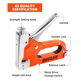 DIFFLIFE Heavy Duty, 4-in-1 with 2400 Staples, Manual Brad Nailer Power Adjustment for Wood, Crafts, Carpentry, Decoration DIY