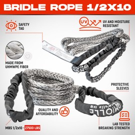 MiolleGear Bridle Recovery Rope 1/2" x10' - Tow Rope W.L.L. -9000 lbs - Heavy Duty Winch Extension - Tow Strap - Emergency Off Road Recovery Rope (Grey, 1/2x10)